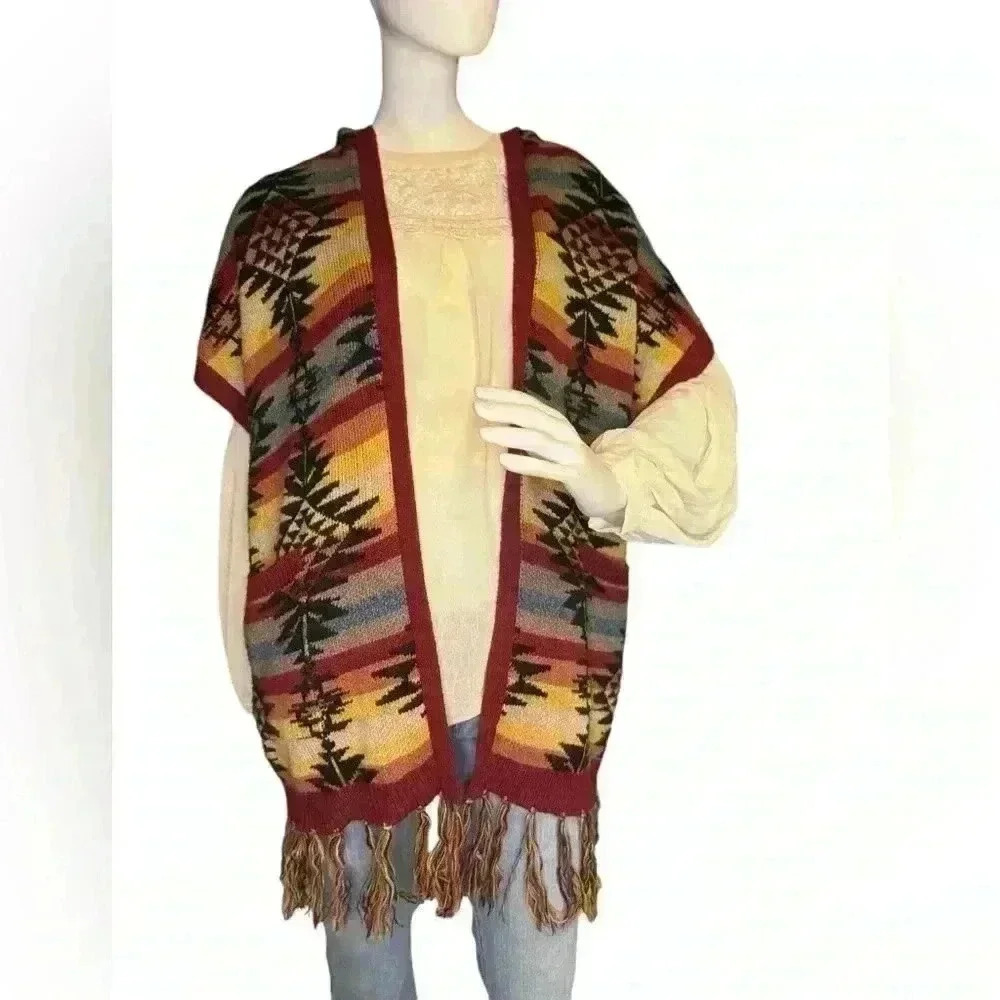 American Eagle Southwest Fringe Hooded Open Blanket Poncho Sweater Size Small